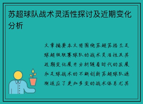 苏超球队战术灵活性探讨及近期变化分析 苏超球队战术灵活性探讨及近期变化分析